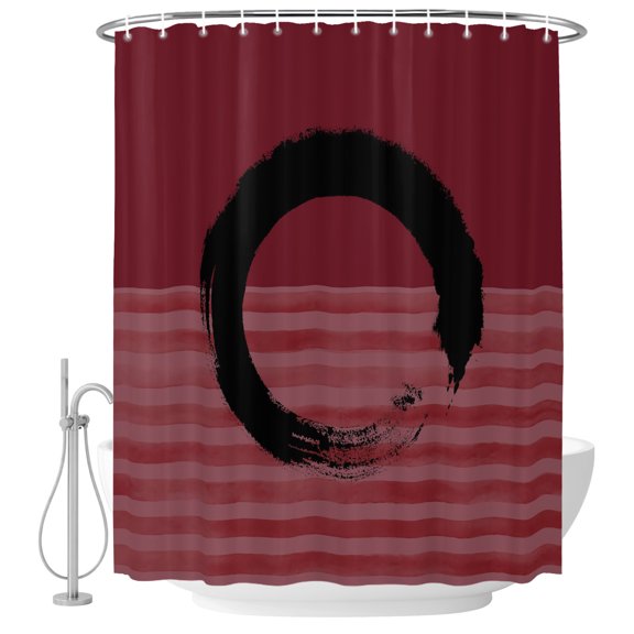 Black Circle Shower Curtain for Bathroom, Japanese Style Circle Red Strips Background Waterproof Machine Washable Shower Curtain Set with Hooks, Bath Decoration for Home Bathtub Stall 36"x72"