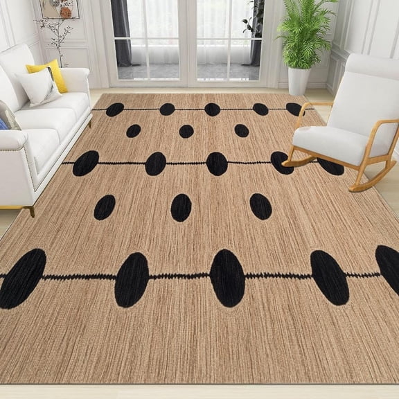 Black Circular Geometric Lines Area Rugs Brown Simple Floral Pattern Washable Indoor Rugs for Living Room Bedroom Foldable Anti Slip Area Rug Soft Low Pile Indoor Carpet-2' x 3'
