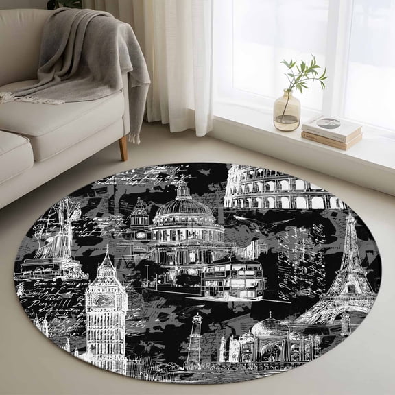 Black City 4FT Round Area Rugs Retro Modern Abstract Black White Architecture Soft Small Round Rug Non-Slip, Ultra-Thin Indoor Circle Carpet for Bedroom Entryway Kitchen Bathroom