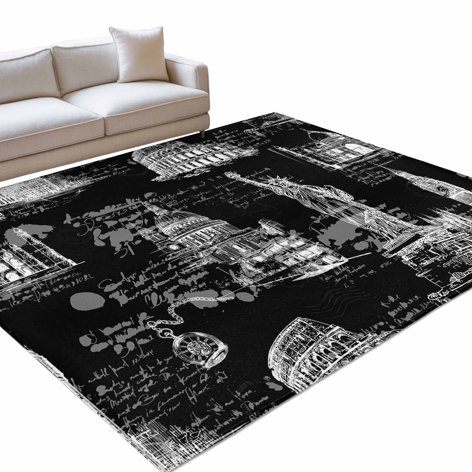Black City 4x6ft Non Slip Area Rug Retro Modern Abstract Black ...