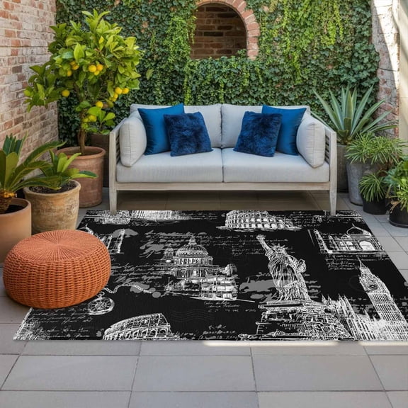 Black City Indoor Outdoor Rugs 3x5 Ft, Retro Modern Abstract Black Architecture Outdoor Patio Rugs Mat Washable Outside Area Rugs Carpet for Porch Deck RV Camping Pool Balcony Backyard