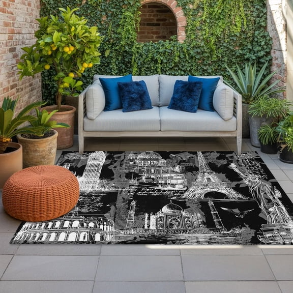 Black City Indoor Outdoor Rugs 3x5 Ft, Retro Modern Abstract Black White Architecture Outdoor Patio Rugs Mat Washable Outside Area Rugs Carpet for Porch Deck RV Camping Pool Balcony Backyard
