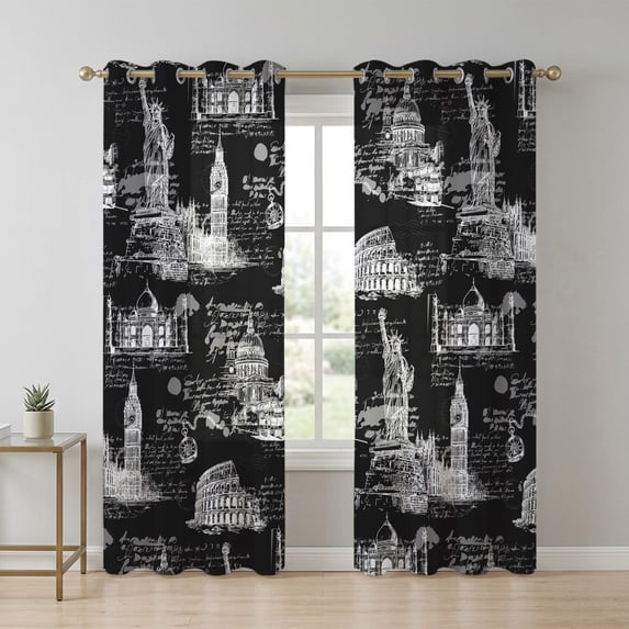 Black City Sheer Curtains 63 Inch Long 2 Panels, Retro Modern Abstract ...