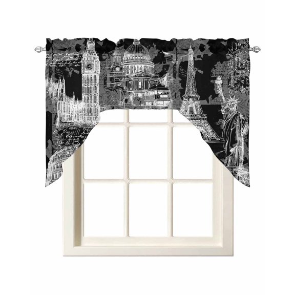 Black City Swag Valance for Window, Retro Modern Abstract Black White Architecture Light Filtering Swag Curtain Rod Pocket Kitchen Curtain Valance for Bedroom