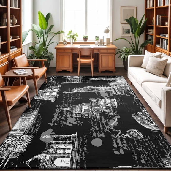 Black City Washable Area Rug 9 x 12 ft Retro Modern Abstract Black Architecture, Soft Non Slip Rugs Stain Repellent Indoor Felt Carpet for Living Dining Room Bedroom Home Office