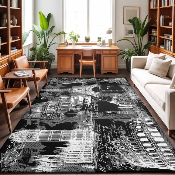 Black City Washable Area Rug 9 x 12 ft Retro Modern Abstract Black White Architecture, Soft Non Slip Rugs Stain Repellent Indoor Felt Carpet for Living Dining Room Bedroom Home Office