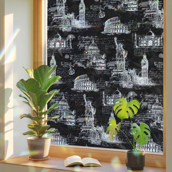 Black City Window Privacy Film, Retro Modern Abstract Black Architecture Stained Glass Rainbow Film Decorative Window Clings, Static Cling Sun Blocking Stickers 17.7" x 39.3"