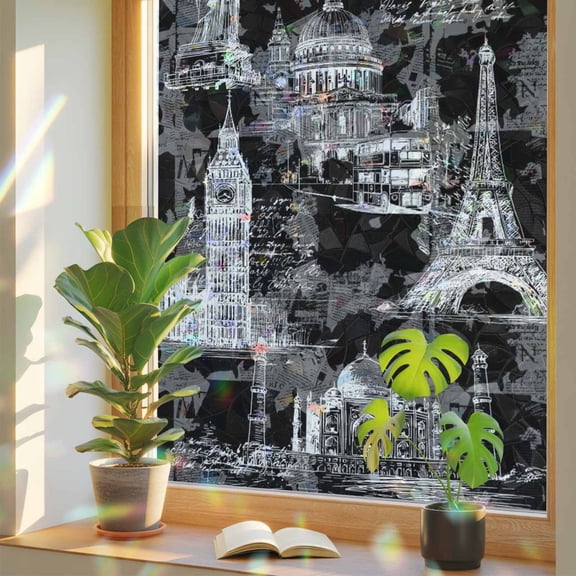 Black City Window Privacy Film, Retro Modern Abstract Black White Architecture Stained Glass Rainbow Film Decorative Window Clings, Static Cling Sun Blocking Stickers 23.6" x 59"