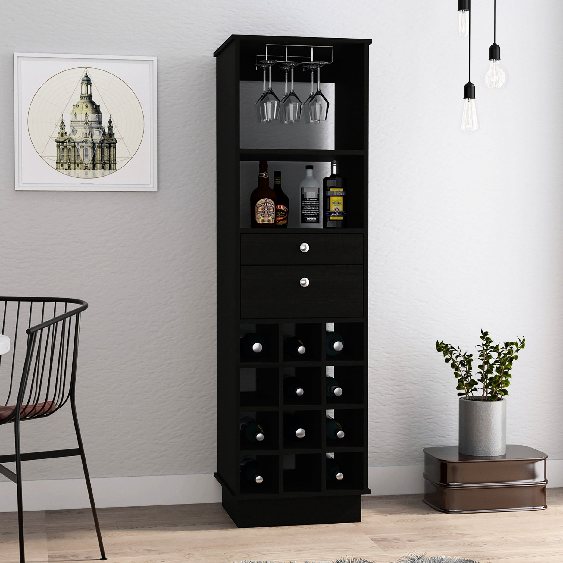 Black Classic Bar Cabinet Featuring Twelve Built-in Wine Rack And Two ...
