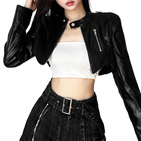 Black Classic Round Neck Irregular Hem Zipper Stitching Short Women'S Pu Faux Leather Jacket Black S
