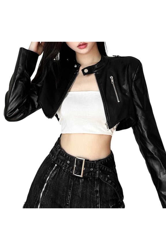 Black Classic Round Neck Irregular Hem Zipper Stitching Short Women's Pu Faux Leather Jacket M