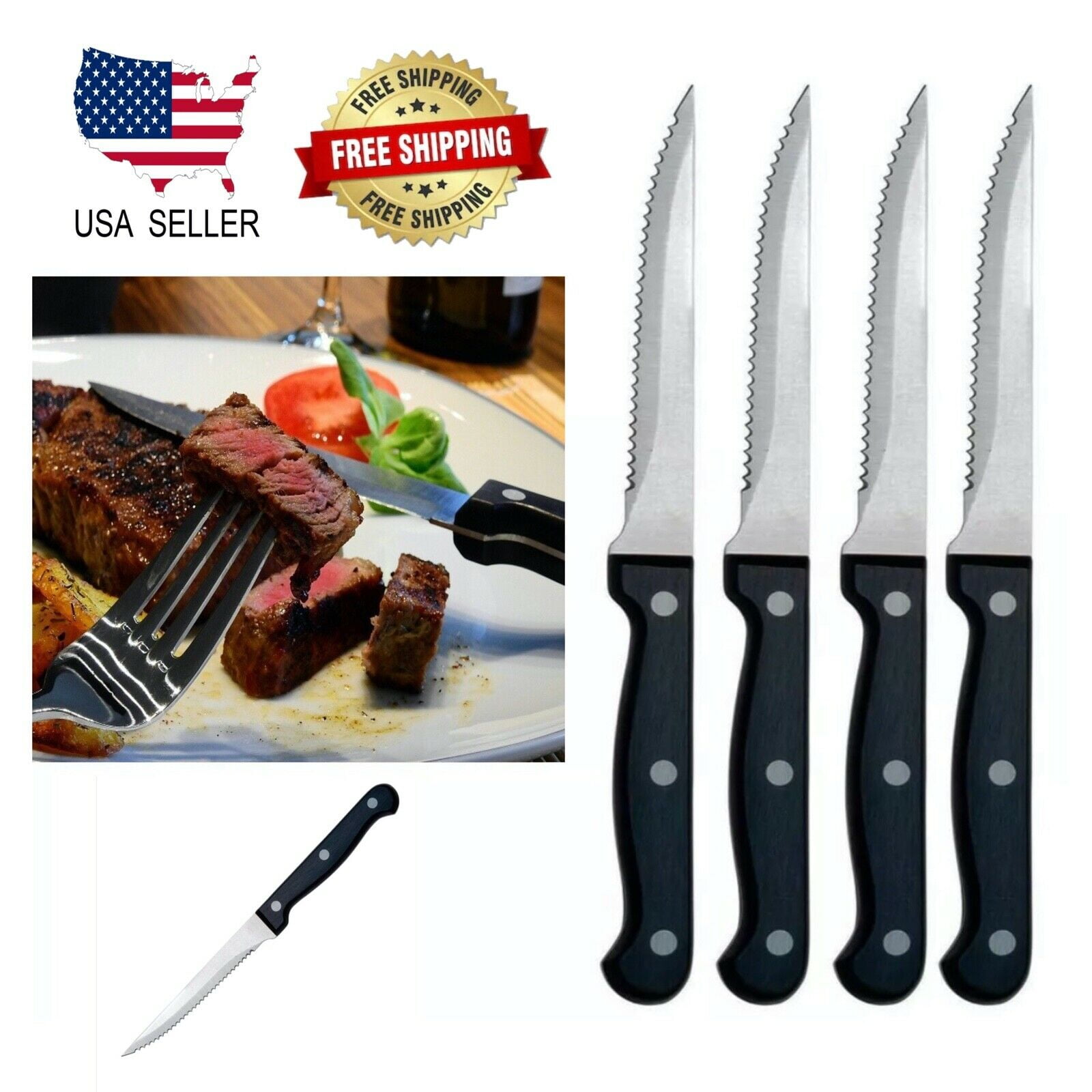 Black Classic Series Steak Knife Set (Set of 4), Stainless Steel Set