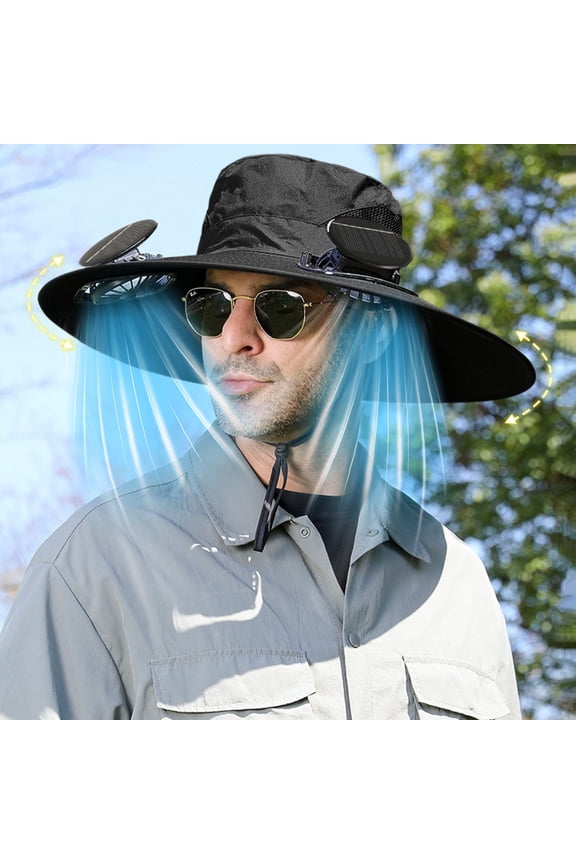 Black Classic Solar Usb Rechargeable Wide Brim Fan Hat Cooling System High Wind Power Outdoor Sun Protection Hat For Fishing Hiking Activities #94pu7