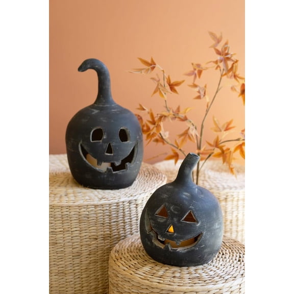 SET OF TWO BLACK CLAY JACK-O-LANTERNS