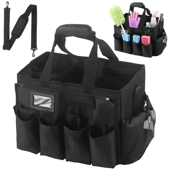 Black Cleaning Caddy Organizer Bag, 15.0 x 9.4 x 10.6 in Multi-Compartment Tote, Polyester Portable Carryall for Janitorial Supplies, Home Car Auto Detailing, Tool Storage