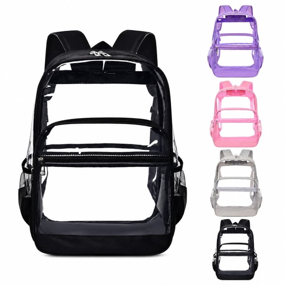 Black Clear Backpack Transparent Bookbag Solid Fabric Base Front Zipper Pocket Side Mesh Water Bottle Pockets Adjustable Padded Shoulder Straps See Through Backpack for School Concert Sports Travel