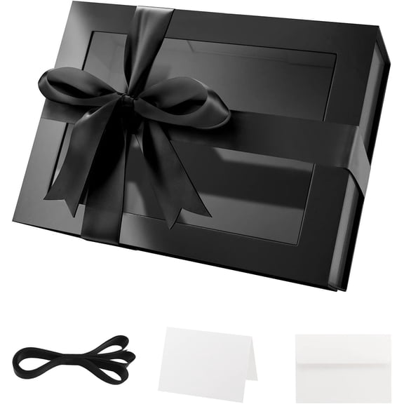 Black Clear Magnetic Lid Gift Box with Window 9x6.5x3.8 Inches | Groomsman Proposal Box, for Present Contains Ribbon, Card