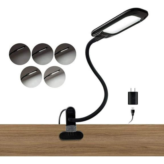Black Clip On Desk Light,Eye Caring LED Clip Desk Lamp,Dimmable 8W Book Light for Reading in Bed,USB Powered Reading Light with Adapter,Aluminum Clamp Night Light for Dorm,Headboard,Computer