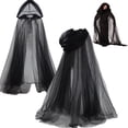 thumbnail image 1 of Black Cloak with Hood Full Length Halloween Cloak Vampire Cape for Women, Ghostly Hooded Cape Mask with Flowing Drapery, Black & White Sheer Tulle Mesh Cape with Adjustable Drawstring, 1pc, 1 of 9