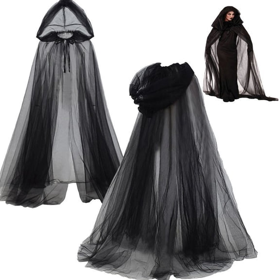 Black Cloak with Hood Full Length Halloween Cloak Vampire Cape for Women, Ghostly Hooded Cape Mask with Flowing Drapery, Black & White Sheer Tulle Mesh Cape with Adjustable Drawstring, 1pc