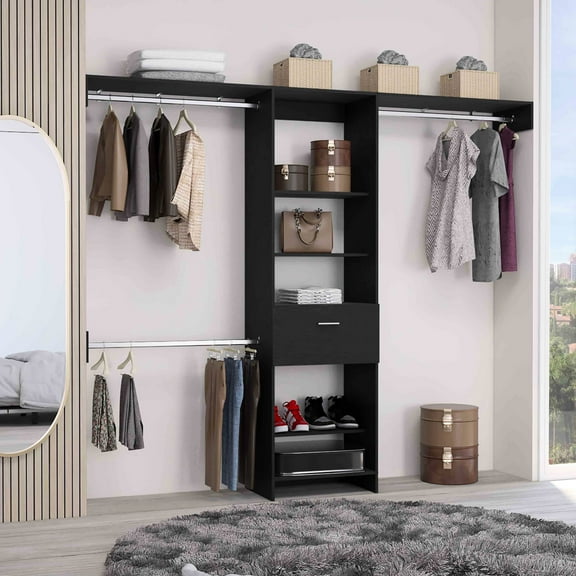 Black Closet System With One Drawer, Three Metal Rods, Five Open Shelf Embraces 1 3 And 5 Shelves Design