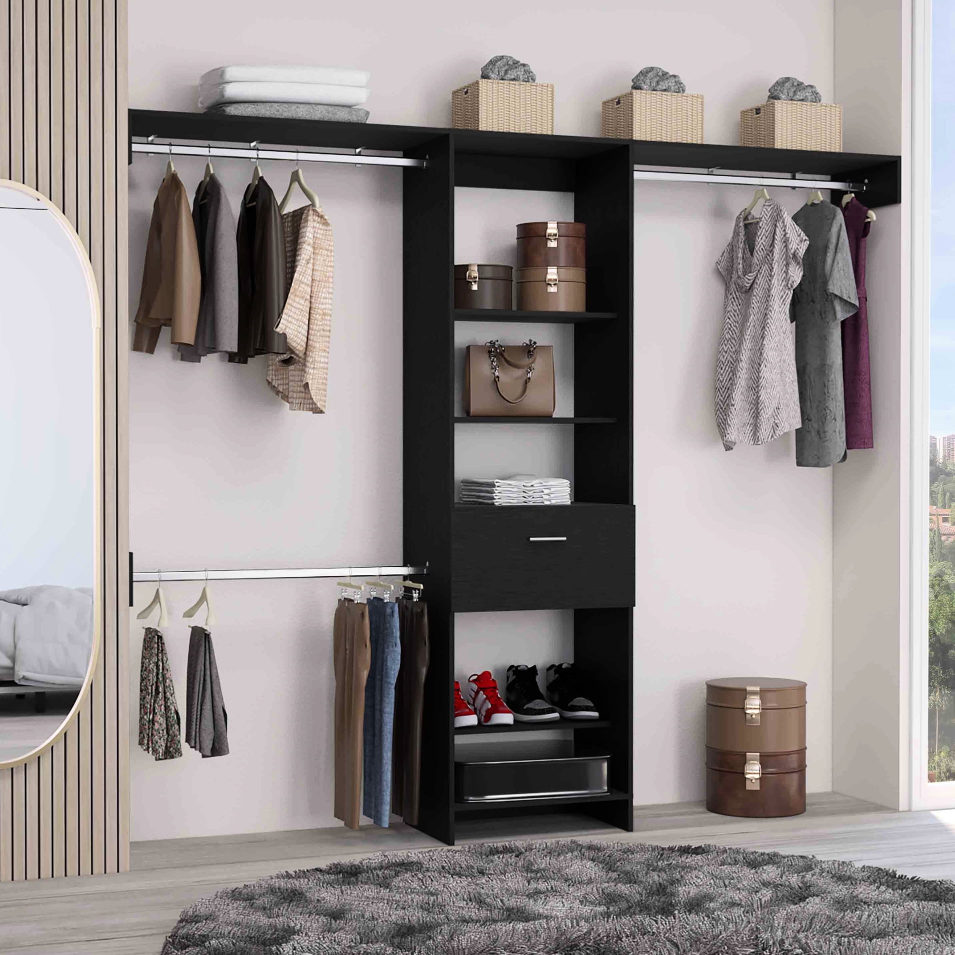 Black Closet System With One Drawer, Three Metal Rods, Five Open Shelf Visions In Color Shelves