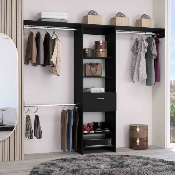Black Closet System With One Drawer, Three Metal Rods, Five Open Shelf Visions In Color Shelves