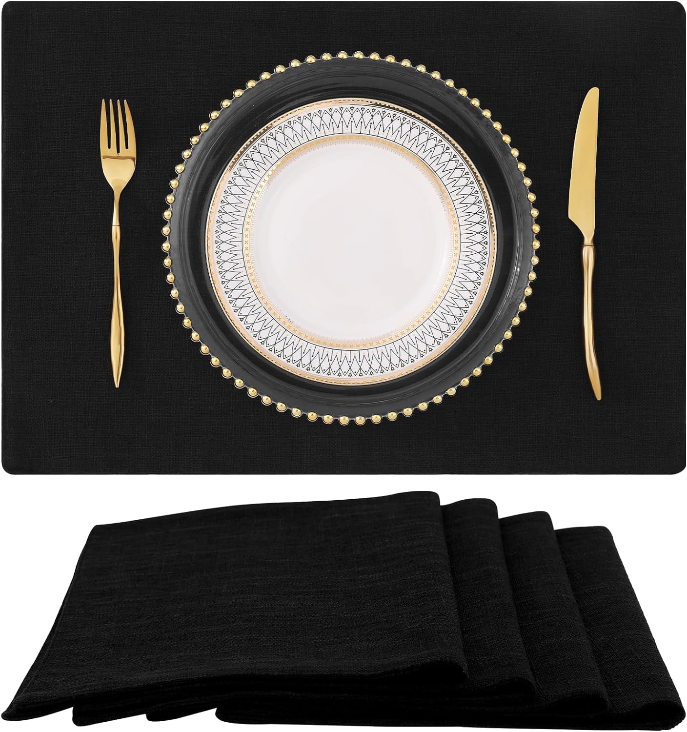 Black Cloth Placemats for Dining Table Set of 4 Cotton Linen Blend Washable Farmhouse Kitchen Mats for Indoors & Outdoors - Easy to Clean 13 x 19 Inch