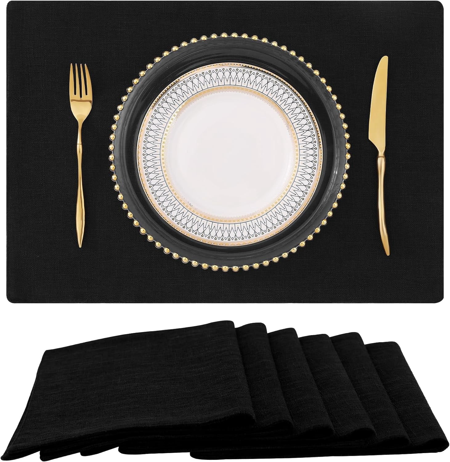 Black Cloth Placemats for Dining Table Set of 6 Cotton Linen Blend Washable Farmhouse Kitchen ...
