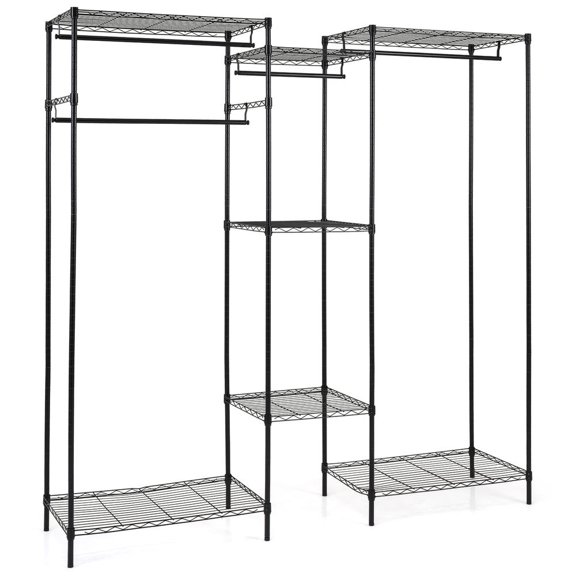 Black Clothes Organizer with L-Shape and Horizontal Installation, 7 Shelves, 4 Removable Hanging Rods