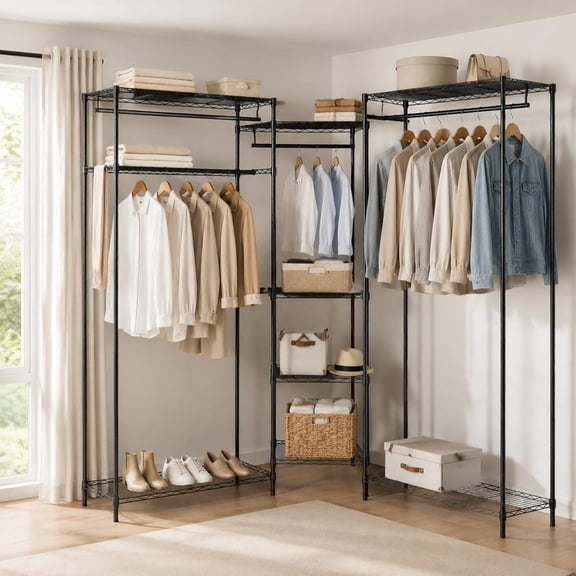 Black Clothes Organizer with L-Shape and Horizontal Installation, 7 Shelves, 4 Removable Hanging Rods