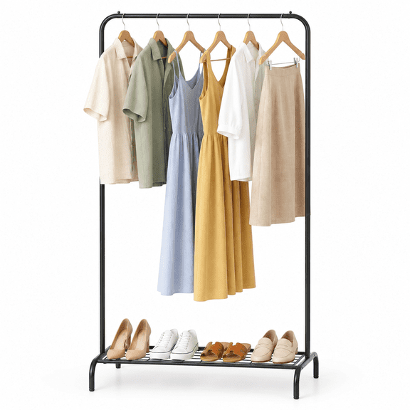 Black Clothing Rack for Small Spaces, 45" Height Garment Rack, Stable Standing Clothing Organizer with Bottom Shelf, Portable Rack for Dorm, Apartment & Studio, 92LBS Capacity
