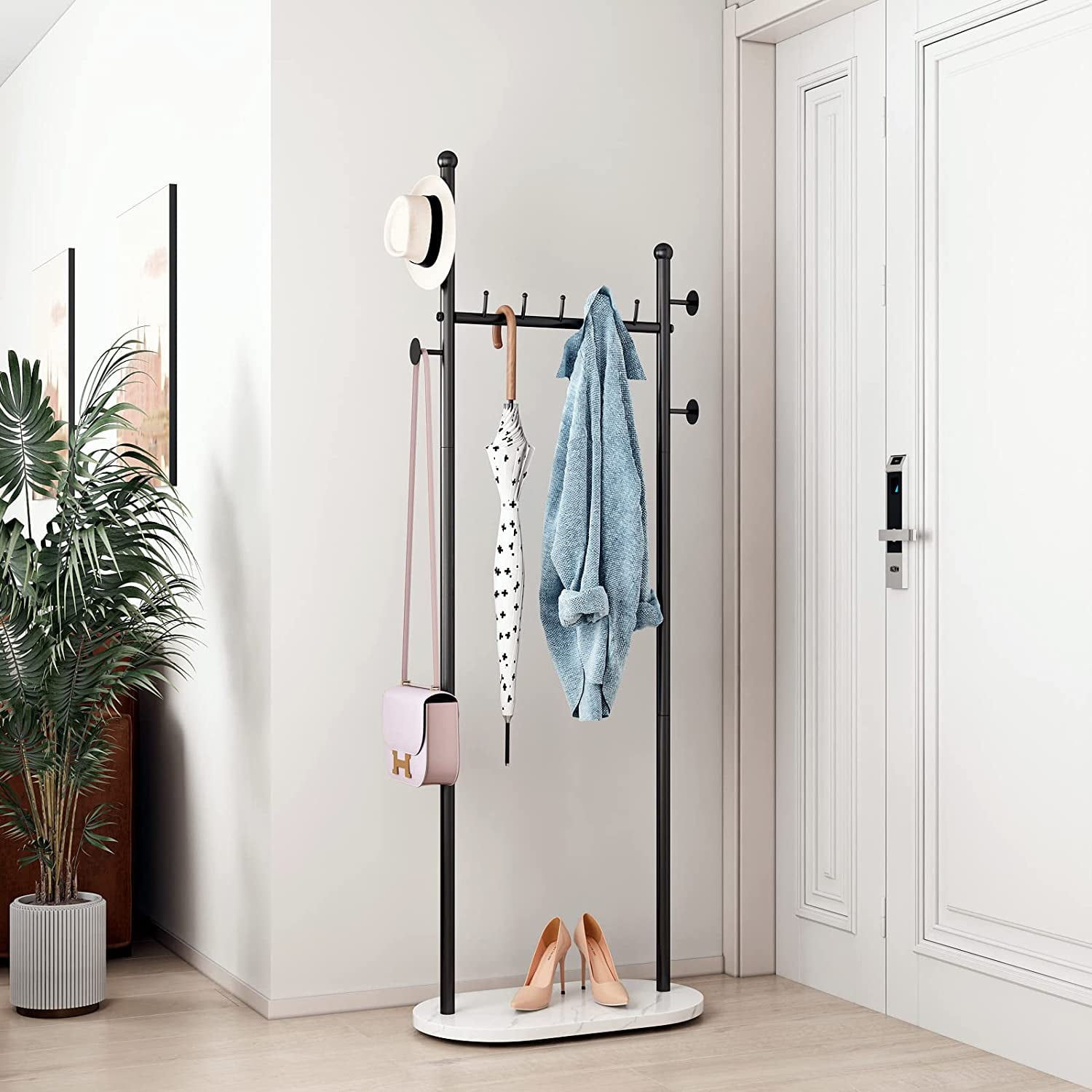 Black Clothing Racks with Marble Base Modern Coat Racks Freestanding