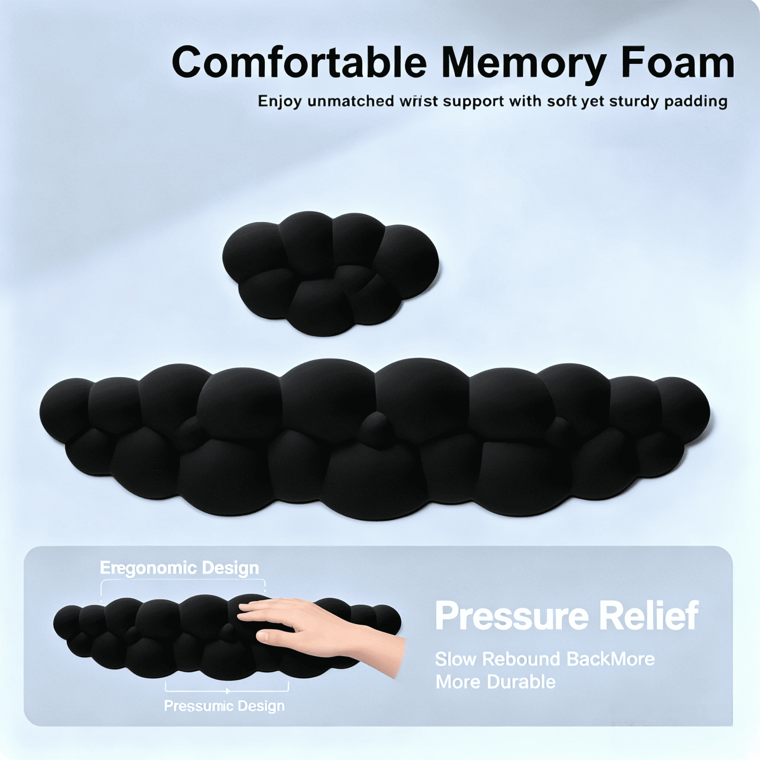 Black Cloud Keyboard Wrist Rest Set,Cloud Wrist Rest with Non-Slip Base,PU Leather Wrist Pad for Keyboard with Ergonomic Memory Foam for Computer Laptop Office Gaming and Pain Relief