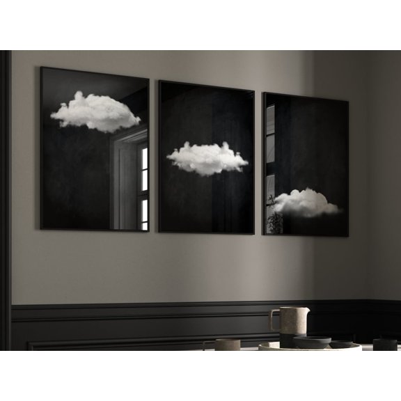 Black Cloud Wall Art Print Set, Monochrome Surreal Bedroom Decor