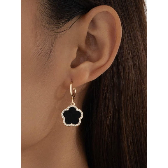 Black Clover Dangle Earrings With Rhinestone Border Goldtone Hoop
