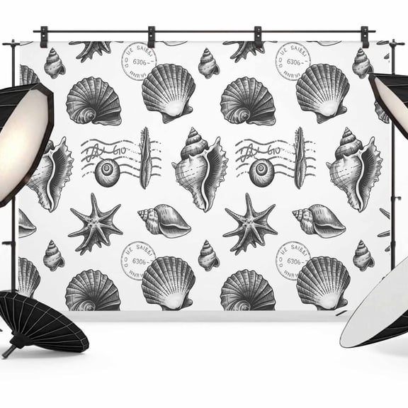 Black Coastal Backdrop for Photoshoot, Photography Photo Studio Background Wall Backdrop, Shell Conch Ocean Underwater Back Drop Banner Panel for Portraits Wedding Party Live Streaming Decor 8x6Ft