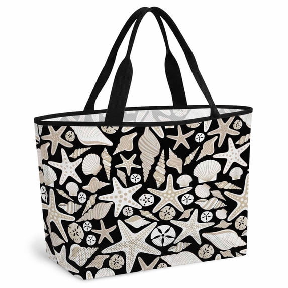 Black Coastal Beach Bag for Women, Large Breathable Mesh Beach Tote Bag, Starfish Ocean Summer Conch Shell Sandproof Lightweight Travel Bags for Vacation Picnic Swimming Pool 15.7"x15.7"x9.1"