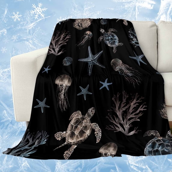 Black Coastal Cooling Blanket,Lightweight Breathable Summer Throw Blanket with Double Sided Cold Effect,Nautical Summer Beach Sea Turtle Starfish Picnic Blankets Bed Sheet for Hot Sleepers 40"x60"