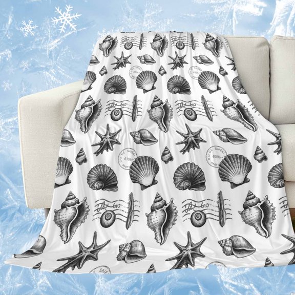 Black Coastal Cooling Blanket, Lightweight Breathable Summer Throw Blanket with Double Sided Cold Effect, Shell Conch Ocean Underwater Picnic Beach Blankets Bed Sheet for Hot Sleepers 30"x40"