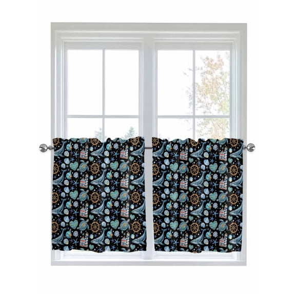 Black Coastal Kitchen Curtains Tier 36 Inch Length, Nautical Whale ...