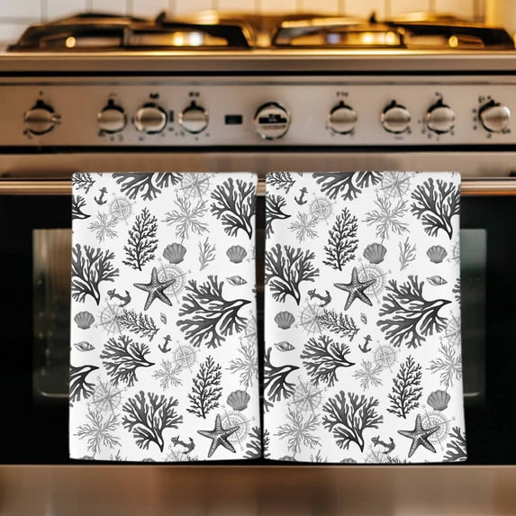 Black Coastal Kitchen Towels Set of 4, Coral Starfish Seaside Summer Beach Absorbent Dish Towels for Kitchen, Microfiber Hand Towel, Quick Drying Tea Towel for Cleaning Decorative Dishcloths