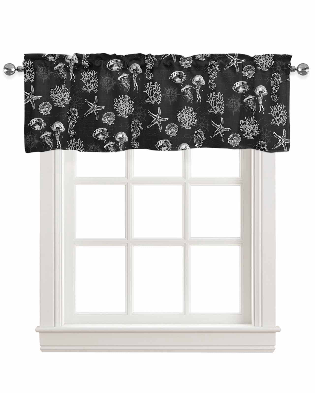 Black Coastal Kitchen Valances for Windows Farmhouse Linen Window Valance Curtain for Living Room Window Treatment Nautical Starfish Jellyfish Seahorse Valance Rod Pocket Topper Drape, 42 x 18 Inch
