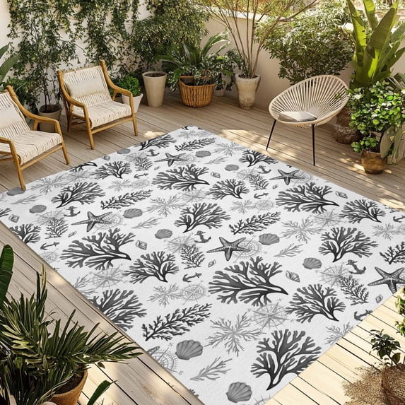 Black Coastal Outdoor Rug for Patio/Deck/Porch, Non-Slip Large Area Rug 5 x 7 Ft, Coral Starfish Seaside Summer Beach Indoor Outdoor Rugs Washable Area Rugs, Reversible Camping Rug Carpet Runner