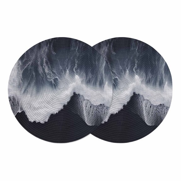 Black Coastal Round 13 Inch Placemats Set of 2, Nautical Summer Beach Seaside Ocean HeatResistant Non Slip Place Mats for Dining Table, Wipeable Braided Kitchen Table Mats for Housewarming