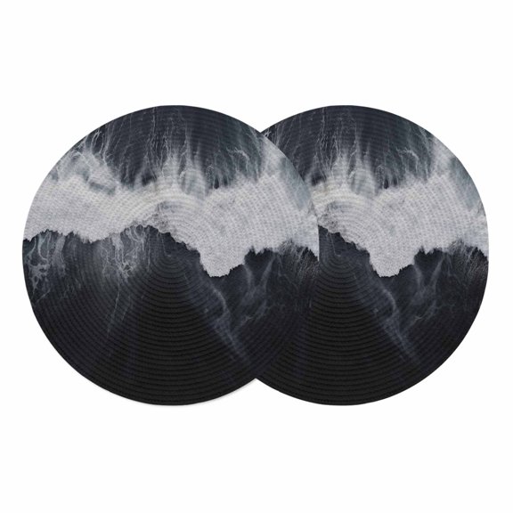 Black Coastal Round 13 Inch Placemats Set of 2, Summer Beach Seaside Ocean Nautical HeatResistant Non Slip Place Mats for Dining Table, Wipeable Braided Kitchen Table Mats for Housewarming