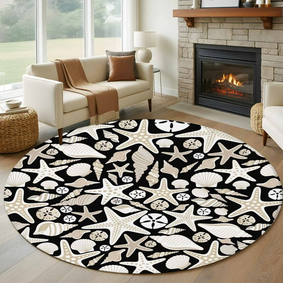 Black Coastal Round Area Rug 6 FT, Non Slip Bedroom Area Rug, Starfish Ocean Summer Conch Shell Washable Soft Circular Carpet Non-Shedding Floor Mat for Kitchen Dining Room Home Office Kids Room