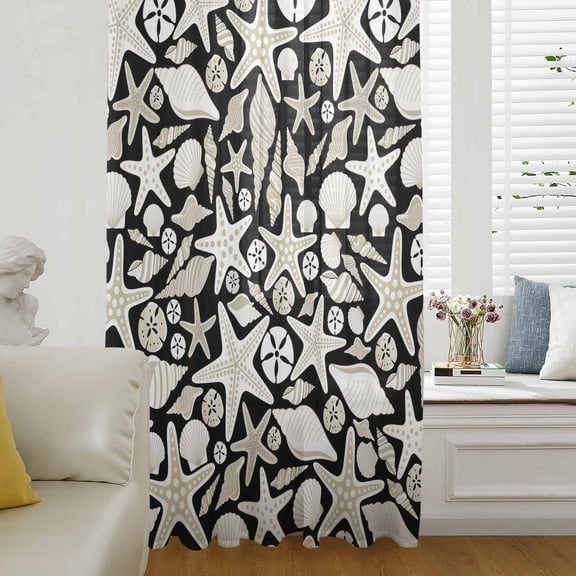 Black Coastal Semi Sheer Curtains Drapes for Living Room, Bedroom, French Doors Window 72 Inches Long, Starfish Ocean Summer Conch Shell Rod Pocket Chiffon Curtain Drapery Voile Draperies Panel