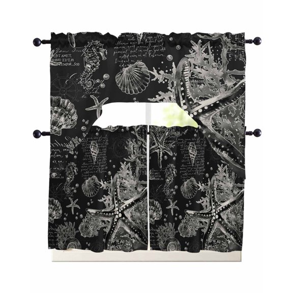 Black Coastal Starfish Kitchen Curtains Sets 24 Inch Length with Valance, Vintage Coral Seahorse Shell Swag Valances and Tiers Curtain Set Drapes Swag Curtains for Living Room, Bathroom, Bedroom