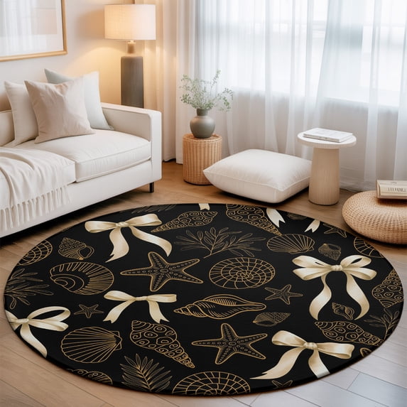 Black Coastal Starfish Washable Round Area Rug 6 ft, Seashells Coral ...